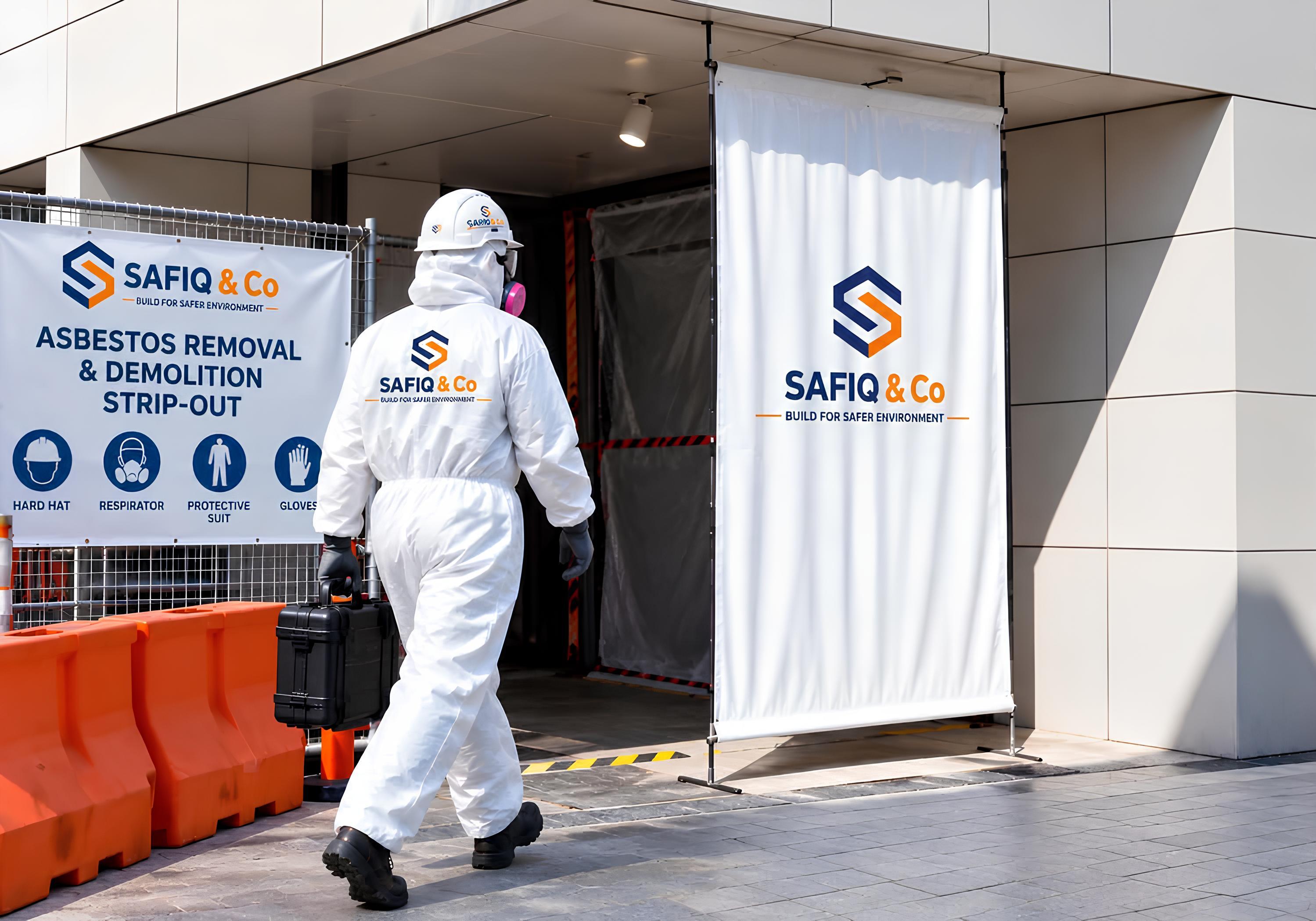 Safiq & Co technician on an asbestos removal job site